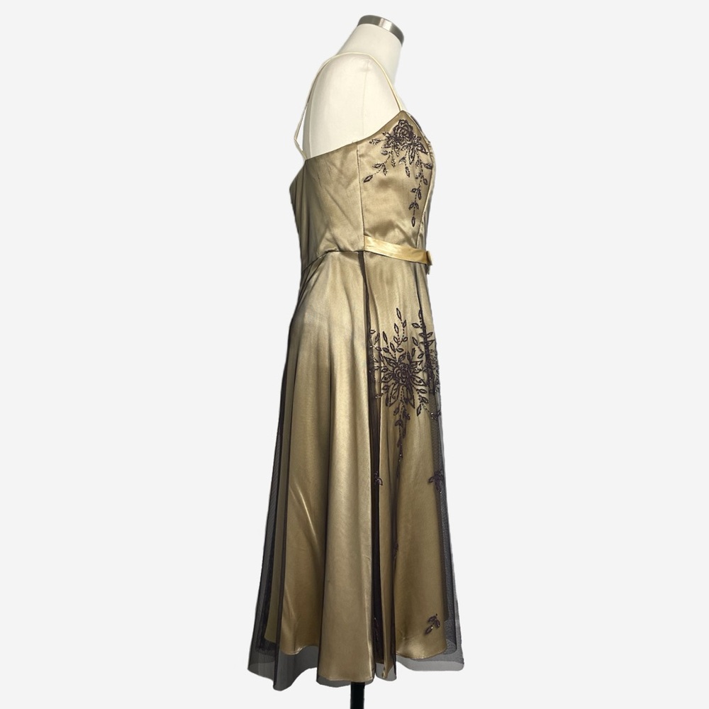 Vintage Y2K Dollar Gold satin dress mesh overlay beaded floral bow cocktail M - Picture 4 of 11
